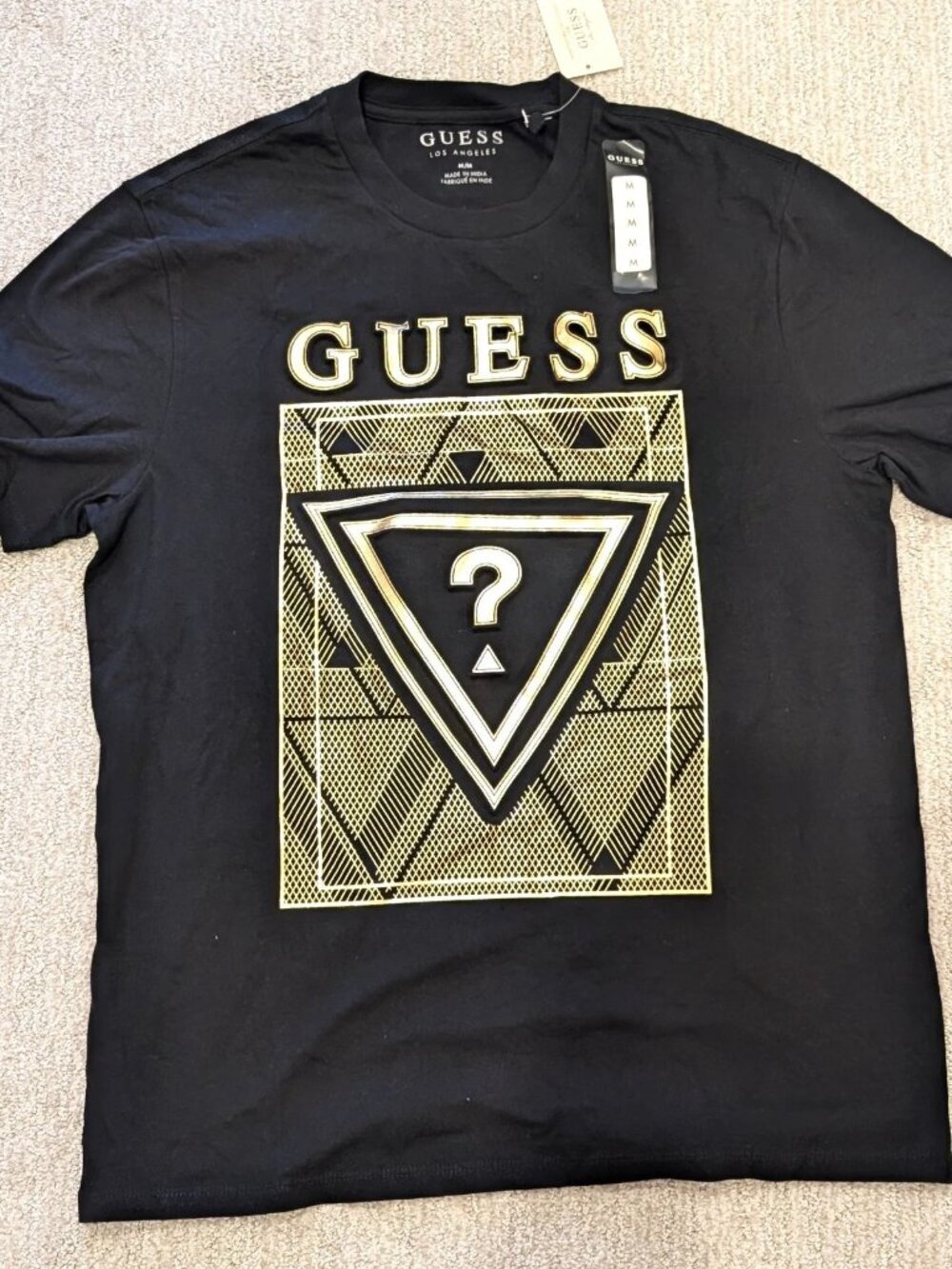 Guess Los Angeles Mens Graphic T Shirt Black Gold Foil Triangle Logo Medium New
